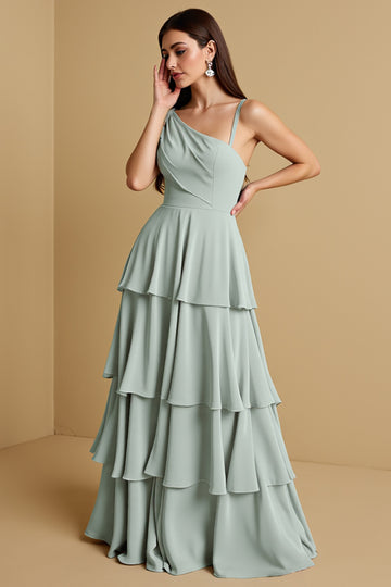 A Line Tiered Sage Green Chiffon Bridesmaid Dress